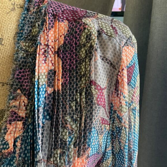 Floral silky Blouse kimono jacket pleat open front button vneck pink blue cardi - Picture 8 of 14